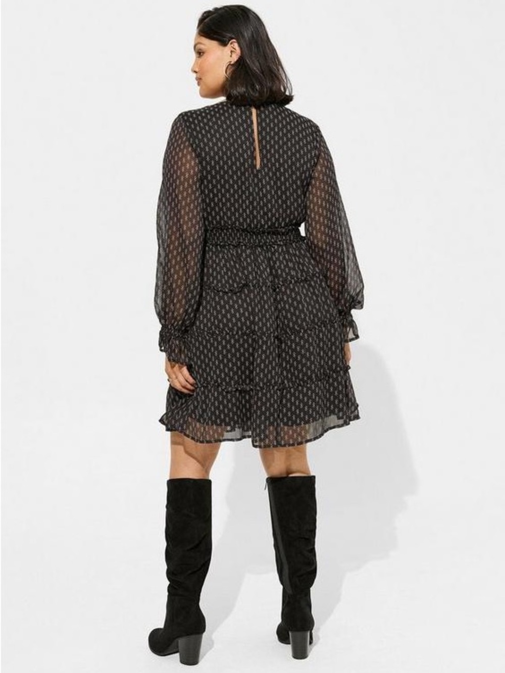 Torrid Mini Lurex Chiffon Tiered Dress Black Long Sleeve Size 00 Plus Boho - Picture 2 of 14